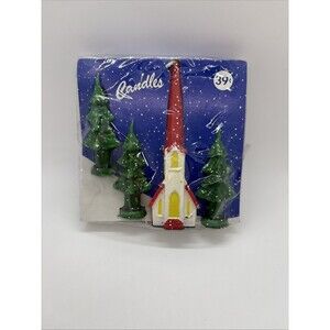 Vintage RARE Unused Gurley Christmas Candle Set - Church and Pine trees In Cello